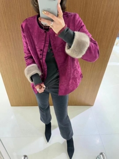2024秋冬新款新中式国风复古紫色水貂毛袖子真丝亚麻短外套女上衣