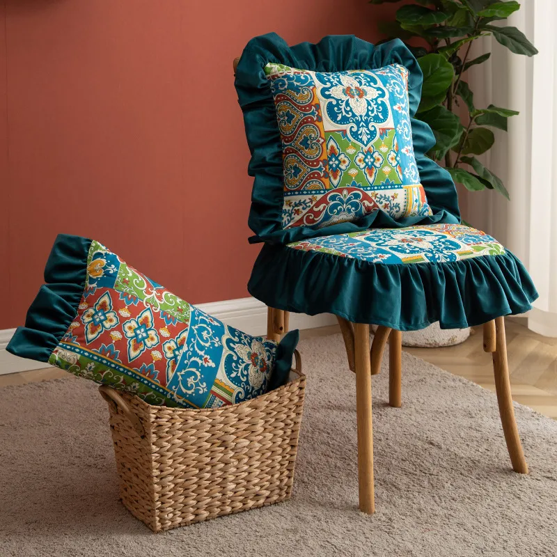 波西米亚复古抱枕客厅民族风沙发靠垫荷叶边卧室轻奢印花绒布腰枕