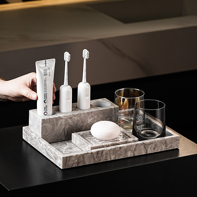 北欧风大理石牙刷置物架主卫生间双人情侣洗漱套装台面收纳牙具座
