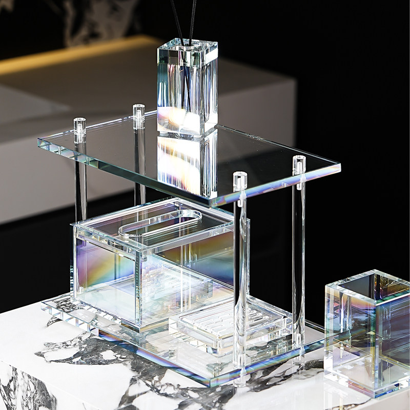 高端水晶玻璃卫生间洗漱台面双层置物架浴室化妆品护肤品牙具收纳