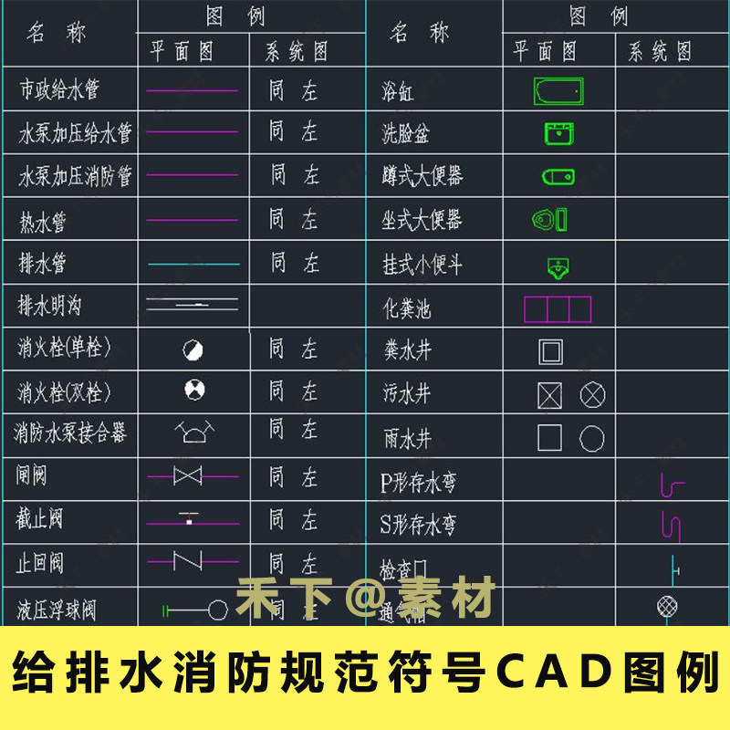 给排水消防规范符号cad图例建筑设计施工制图阀门管件cad图库素材
