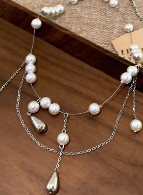 巴洛克风珍珠项链女多层叠戴水滴吊坠毛衣链小众设计感气质