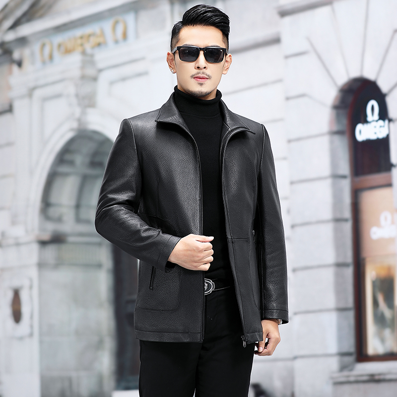 海宁皮衣头层山羊皮翻领中长款男