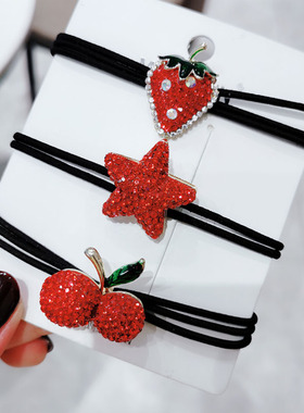 新年本命年红色头绳2022年新款水钻女扎马尾日韩版草莓樱桃皮套