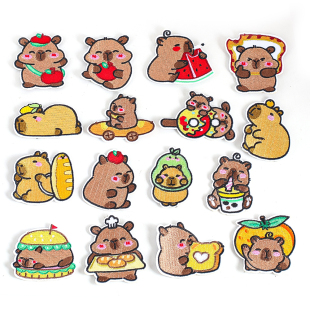 可爱小动物水豚噜噜卡皮巴拉刺绣布贴衣服背包装 饰diy布料补丁贴