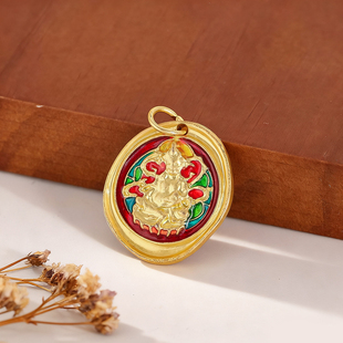 复古黄财神合金吊坠砂金双面彩绘项链diy手工饰品配件平安符装 饰