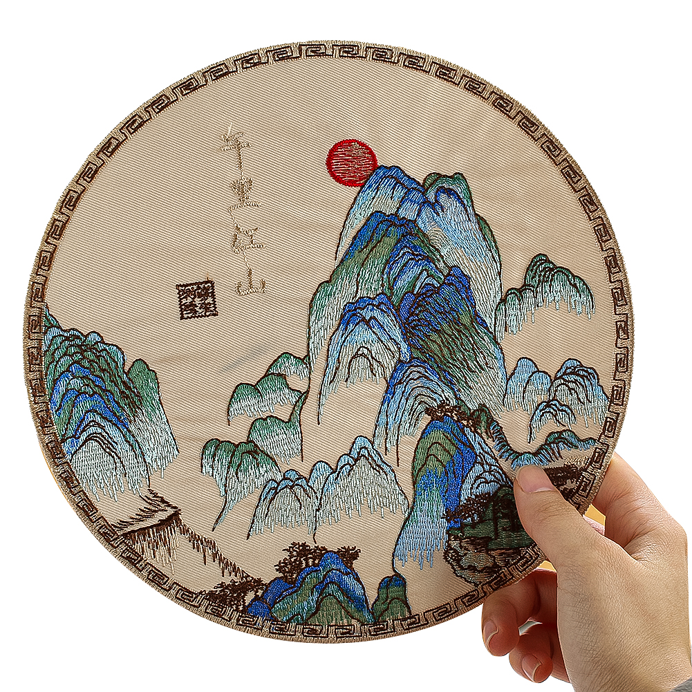 中国风圆形山水画千里江山布贴床单衣服背包装饰DIY创意背胶补丁图片
