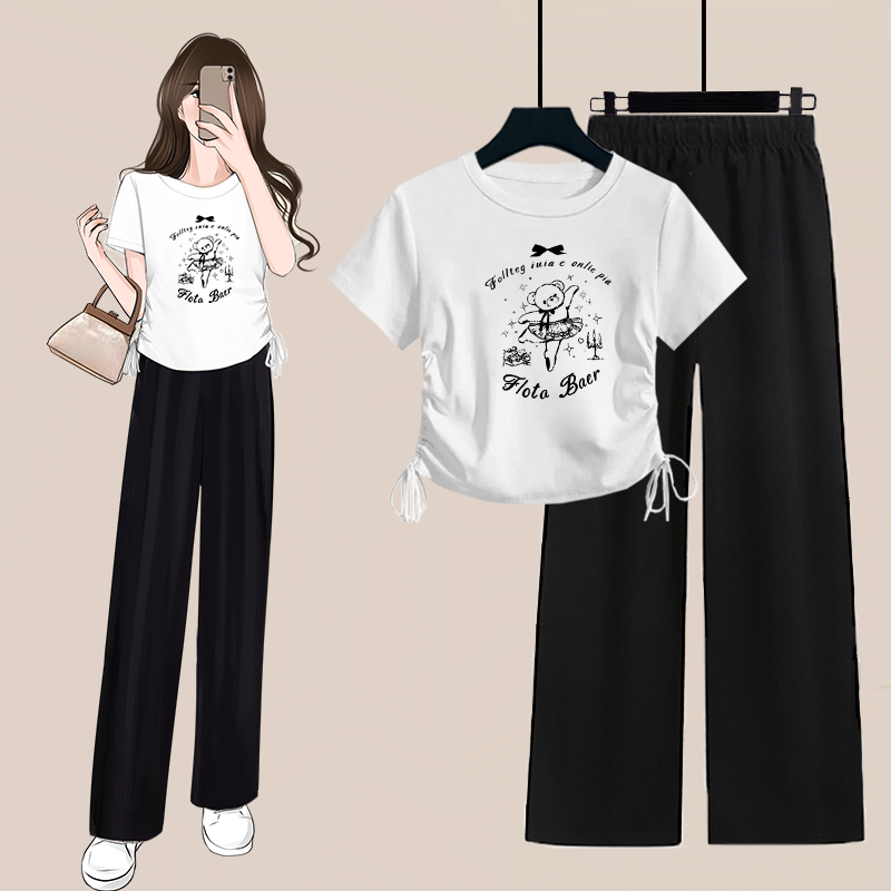 小个子芭蕾风印花侧边抽绳显瘦短袖T恤上衣+阔腿裤女夏季时尚套装