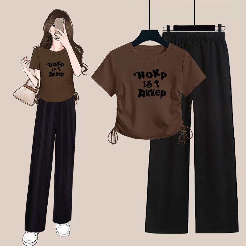 夏季一整套韩系甜辣抽绳短款短袖t恤女上衣休闲阔腿裤两件套装女,女装/女士精品,时尚套装,淘宝优惠券,粉丝福利购,淘宝优惠卷