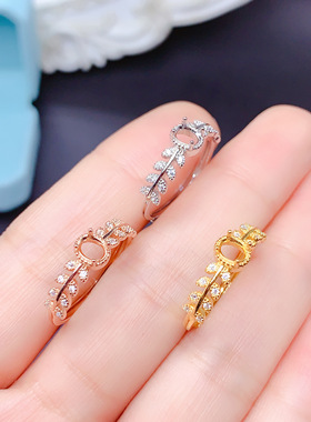 S925银戒指空托时尚清新小树叶款椭圆3.5*4.5mm   时尚精致百搭