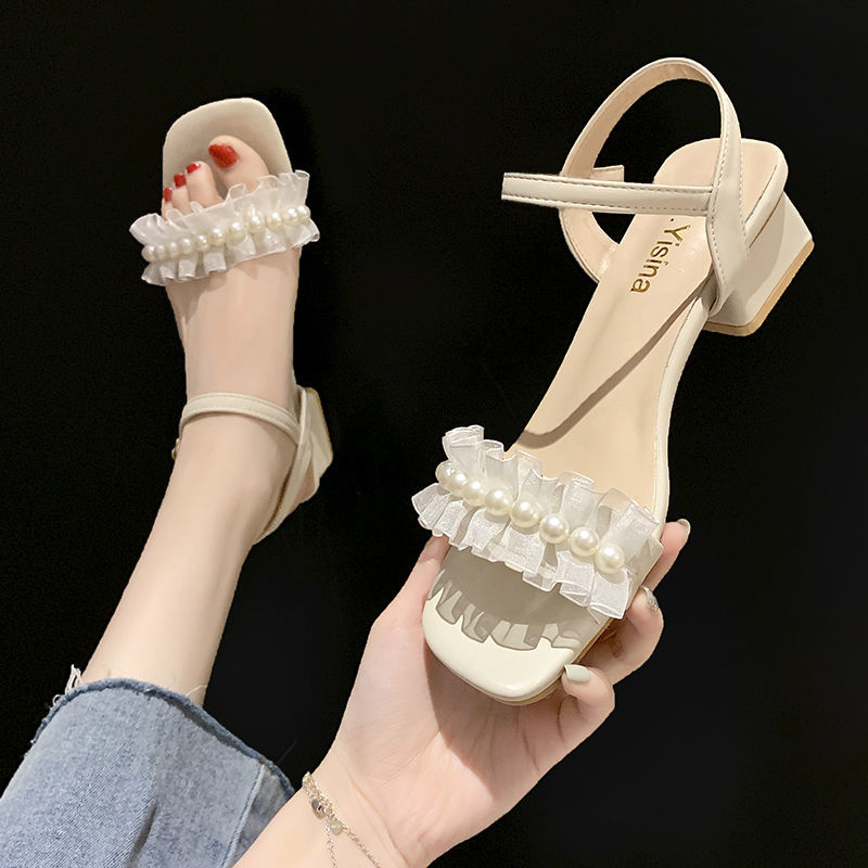 真皮肤凉鞋女2024夏季新款珍珠一字扣带中跟仙女风时装高跟鞋