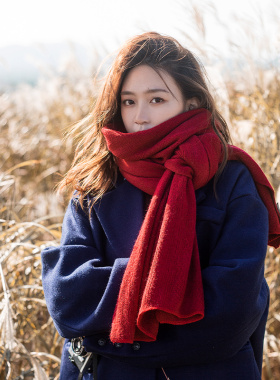 纯色围巾女冬季氛围感红色针织毛线韩系新年生日礼物围脖男高级感