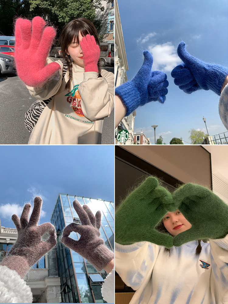 토끼 모피 니트 양모 장갑 겨울 여성 귀여운 기능 학생 겨울 ??따뜻한 두꺼운 사이클링 다섯 손가락 커플 남성