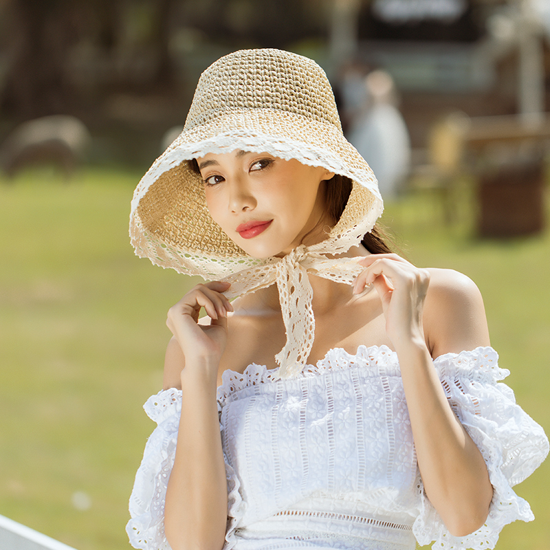 法式蕾丝系带草帽女夏天沙滩小清新帽子夏季萝莉绑带小檐遮阳防晒