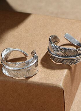 做旧镀银羽毛戒指潮开口男女尾戒个性高桥吾郎情侣款欧美指环跨境