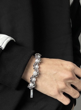 欧美缠绕珍珠手链男女嘻哈钛钢百搭小众设计高级感手饰潮流个性