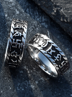 轻奢复古梵文戒指男士个性潮人指环六字真言尾戒百搭ins钛钢嘻哈