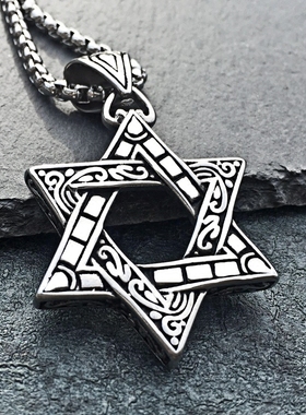 轻奢复古六芒星钛钢吊坠男士韩版个性潮流项链嘻哈ins百搭毛衣链