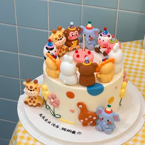 动物开会生日蛋糕装饰插件软胶立体狮子大象猴子松鼠长颈鹿摆件
