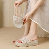 女外穿2025夏新款 韩版 松糕厚底鞋 坡跟凉鞋 小高跟亚麻一字增高拖鞋