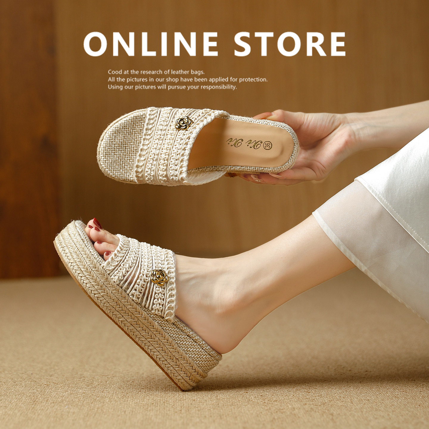 2026夏新款韩版编织一字拖女坡跟松糕厚底增高舒适外穿复古凉拖鞋