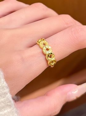 爆款可调节黄镀铜金精品流行五帝币金钱活口戒指招财进宝时尚潮流