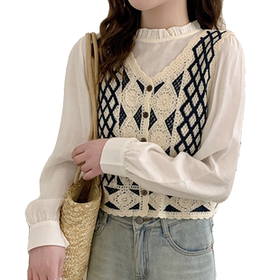 复古钩花镂空针织马甲背心女款夏季2024新款外搭短款无袖上衣春秋