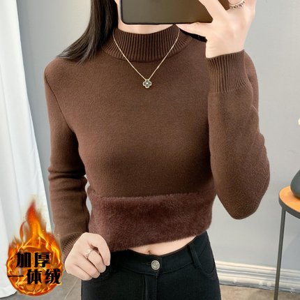 秋冬加绒毛衣女加厚一体绒内搭大码半高领套头打底针织衫保暖上衣