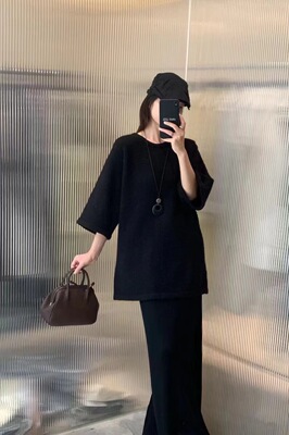 设计师品牌yp时髦调性造型感七分袖宽松廓形圆领针织套头罩衫毛衣