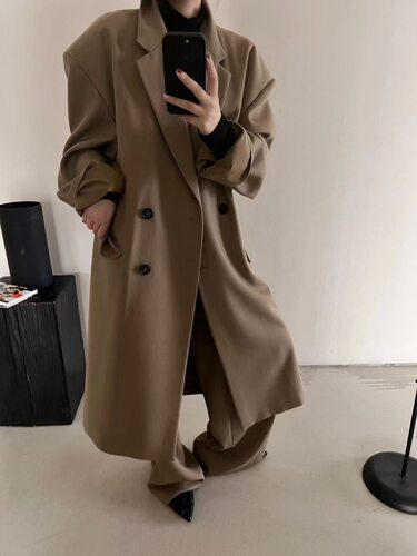 设计师品牌yp复古有型廓肩翻领宽松显瘦中长款西装外套女秋冬