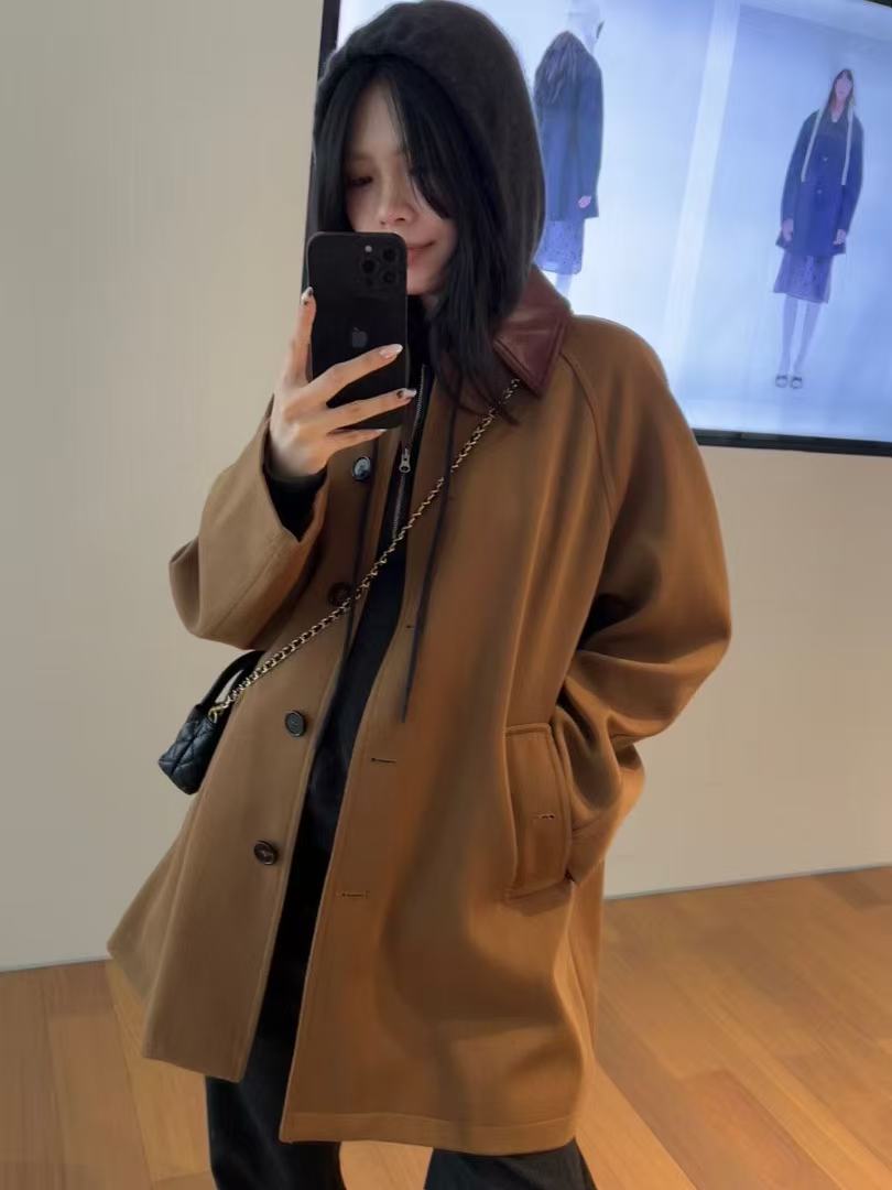 设计师品牌SR复古时髦撞色皮领翻领宽松羊毛毛呢外套女秋冬