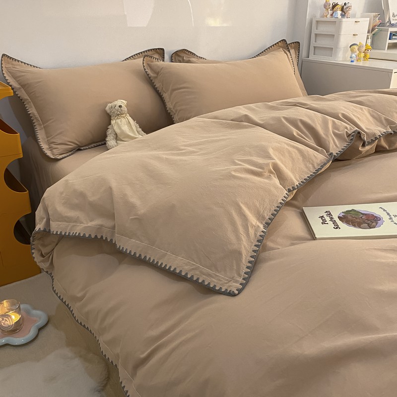 国标A类母婴级床品 韩版简约纯色宽边全棉四件套纯棉水洗棉三件套