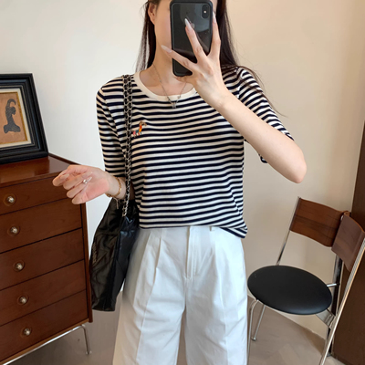 TOUCH MISS轻奢含天丝T恤2026夏季新款刺绣条纹针织衫女TM4741BZ