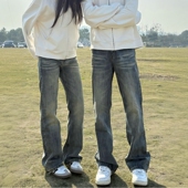 子 男女直筒微喇休闲显瘦长裤 记得加辣美式 高街复古水洗做旧牛仔裤