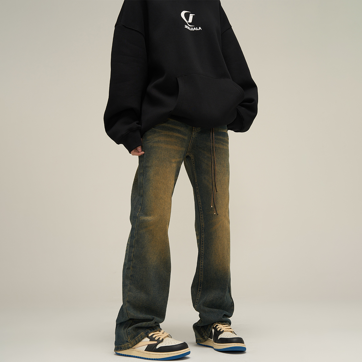 高街美式水洗黄泥色牛仔裤男女