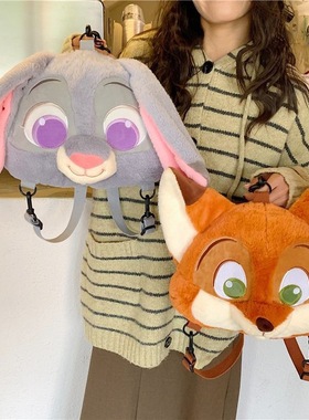 卡通可爱疯狂动物城双肩包包女毛绒狐狸兔子朱迪尼克玩偶百搭背包