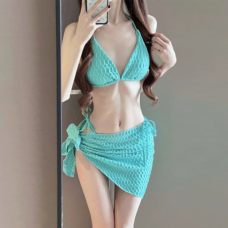 比基尼泳衣三件套纯色女感分体性感小胸聚拢海边度假泳衣