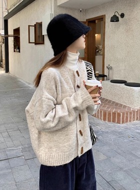 复古牛角扣毛衣秋冬外套韩版慵懒风针织开衫外穿上衣新款女装秋