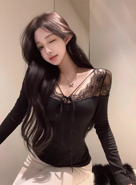 黑色纯欲风系带v领长袖T恤女春季蕾丝拼接修身内搭收腰打底衫上衣