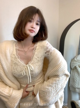 高级感磨毛加绒加厚V领蕾丝内搭打底衫女秋冬洋气配毛衣叠穿小衫