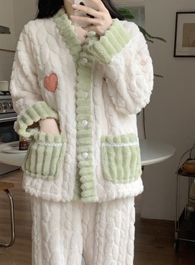 珊瑚绒睡衣女秋冬季新款加绒加厚保暖甜美法兰绒可外穿家居服套装