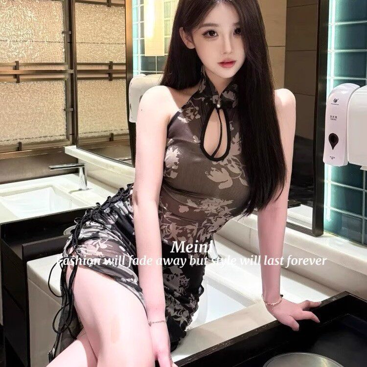 性感纯欲黑色无袖旗袍睡裙女夏季新中式修身显瘦包臀开叉长裙子