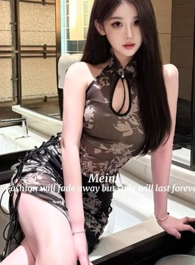 性感纯欲黑色无袖旗袍睡裙女夏季新中式修身显瘦包臀开叉长裙子