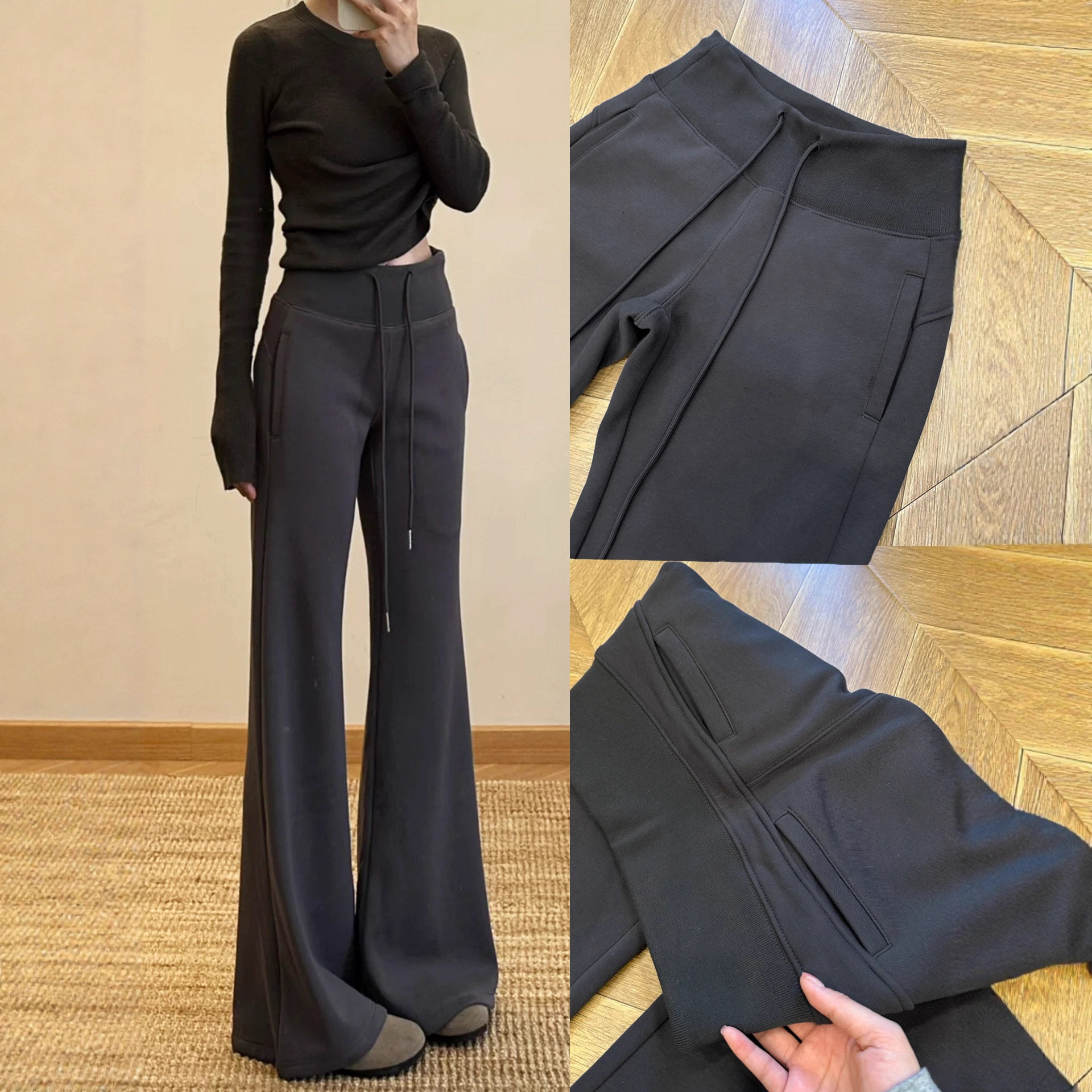 Lulu深灰色微喇卫裤女秋新款加绒休闲运动裤小个子修身显瘦喇叭裤