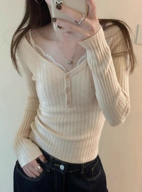 纽扣高级感深V领锁骨纯欲修身长袖打底衫女秋冬法式叠穿毛衣内搭
