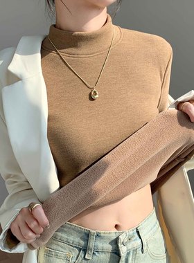 H252椰绒半高领打底衫女秋冬季内搭修身加绒加厚防风保暖长袖上衣