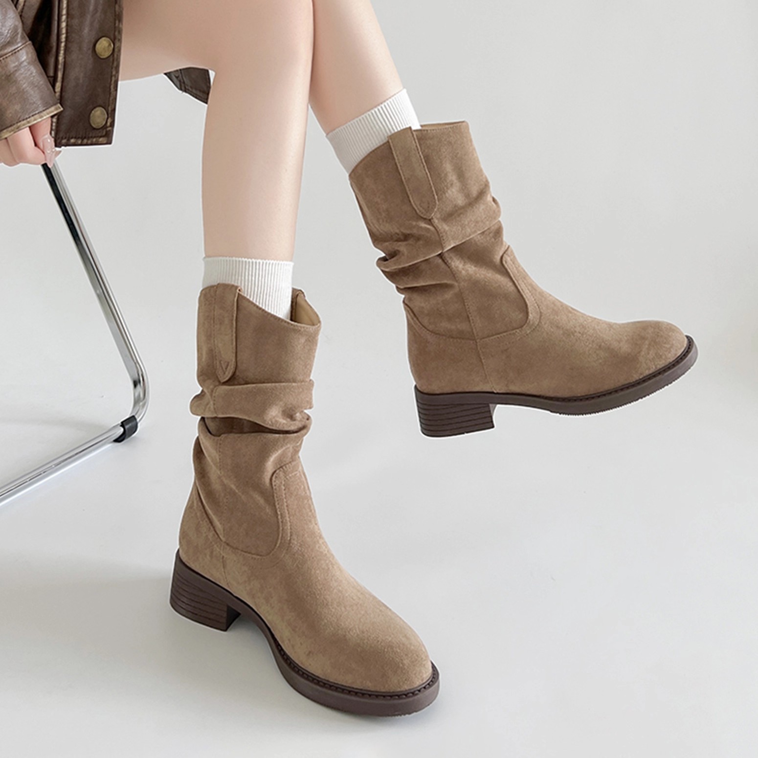 废土风美拉德中筒靴子2025新款春秋西部牛仔堆堆靴勃肯短靴马丁靴