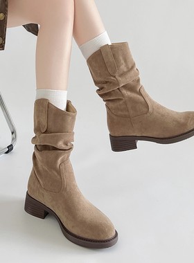 废土风美拉德中筒靴子2025新款春秋西部牛仔堆堆靴勃肯短靴马丁靴