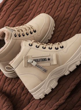 鞋子女款雪地靴冬季人气保暖加绒加厚棉鞋韩版系带中筒厚底棉靴