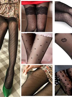 外贸韩包芯丝春夏纹身提花丝袜女春夏薄款连裤袜黑色白色